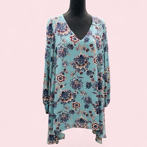 Let Them Eat Cake Floral Boho Dress Small Teal Blue Long Sleeve Made USA